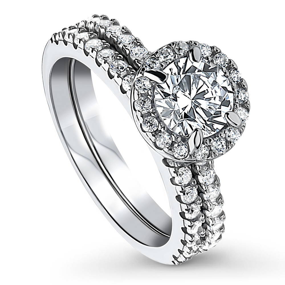 Front view of Halo CZ Ring Set in Sterling Silver, 3 of 11