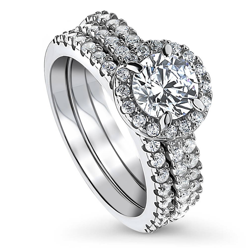 Front view of Halo CZ Ring Set in Sterling Silver, 3 of 10