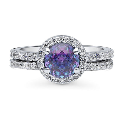 Halo Kaleidoscope Purple Aqua CZ Ring Set in Sterling Silver