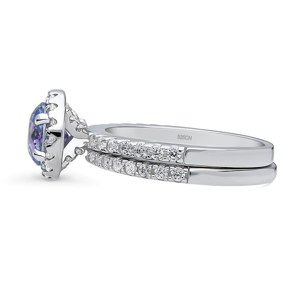 Angle view of Halo Kaleidoscope Purple Aqua CZ Ring Set in Sterling Silver, 5 of 10