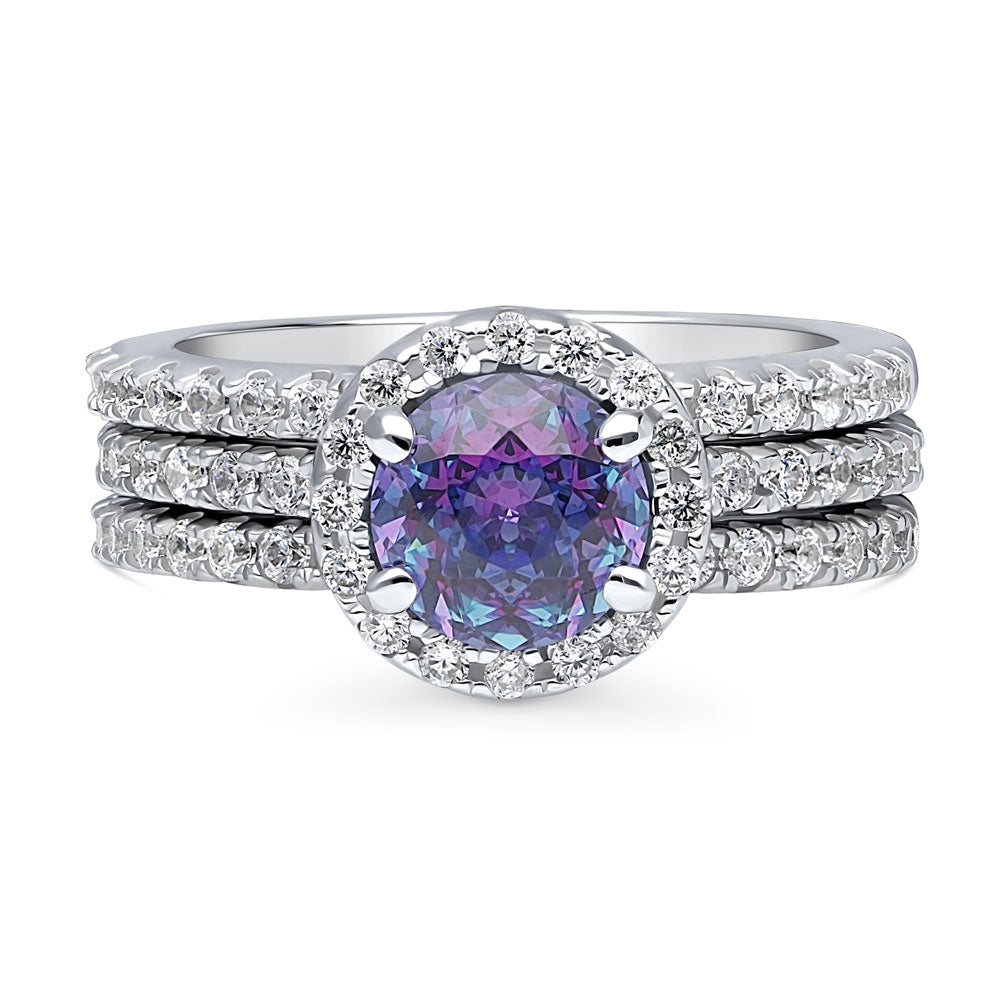 Halo Kaleidoscope Purple Aqua CZ Ring Set in Sterling Silver