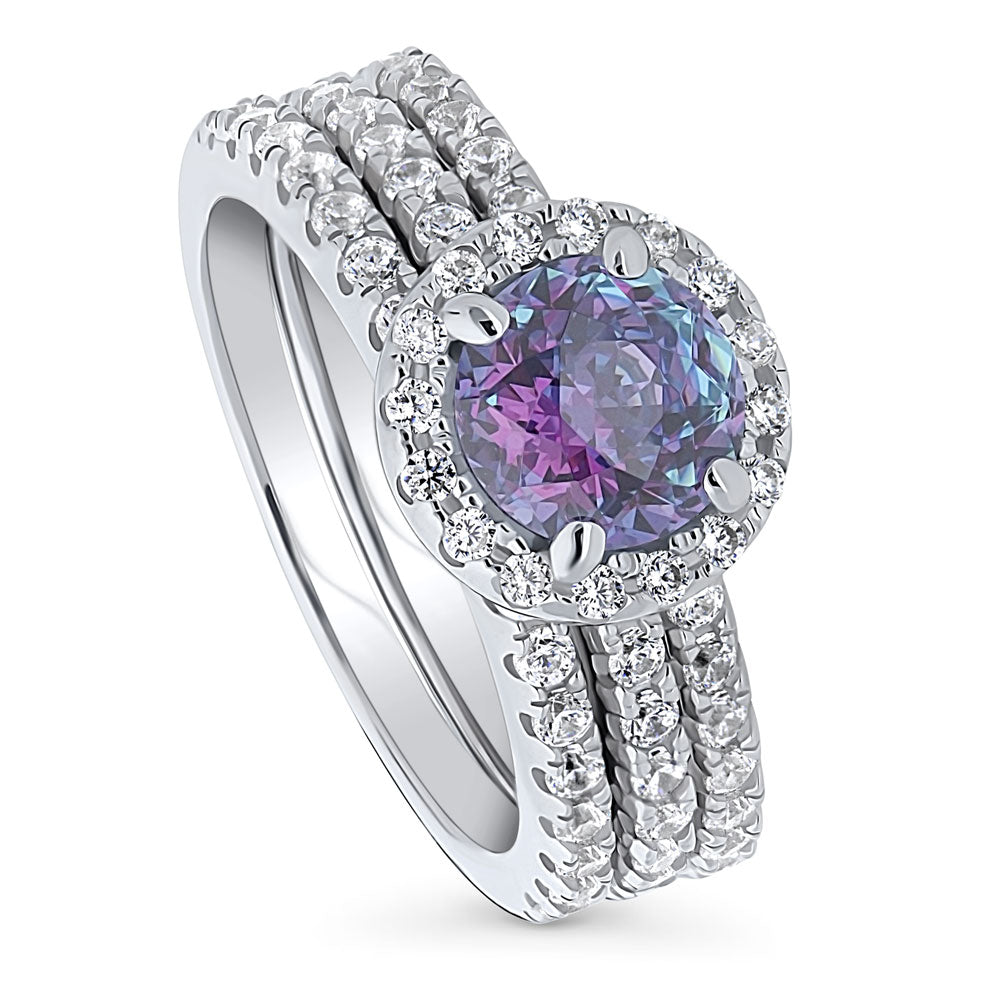 Front view of Halo Kaleidoscope Purple Aqua CZ Ring Set in Sterling Silver, 4 of 10