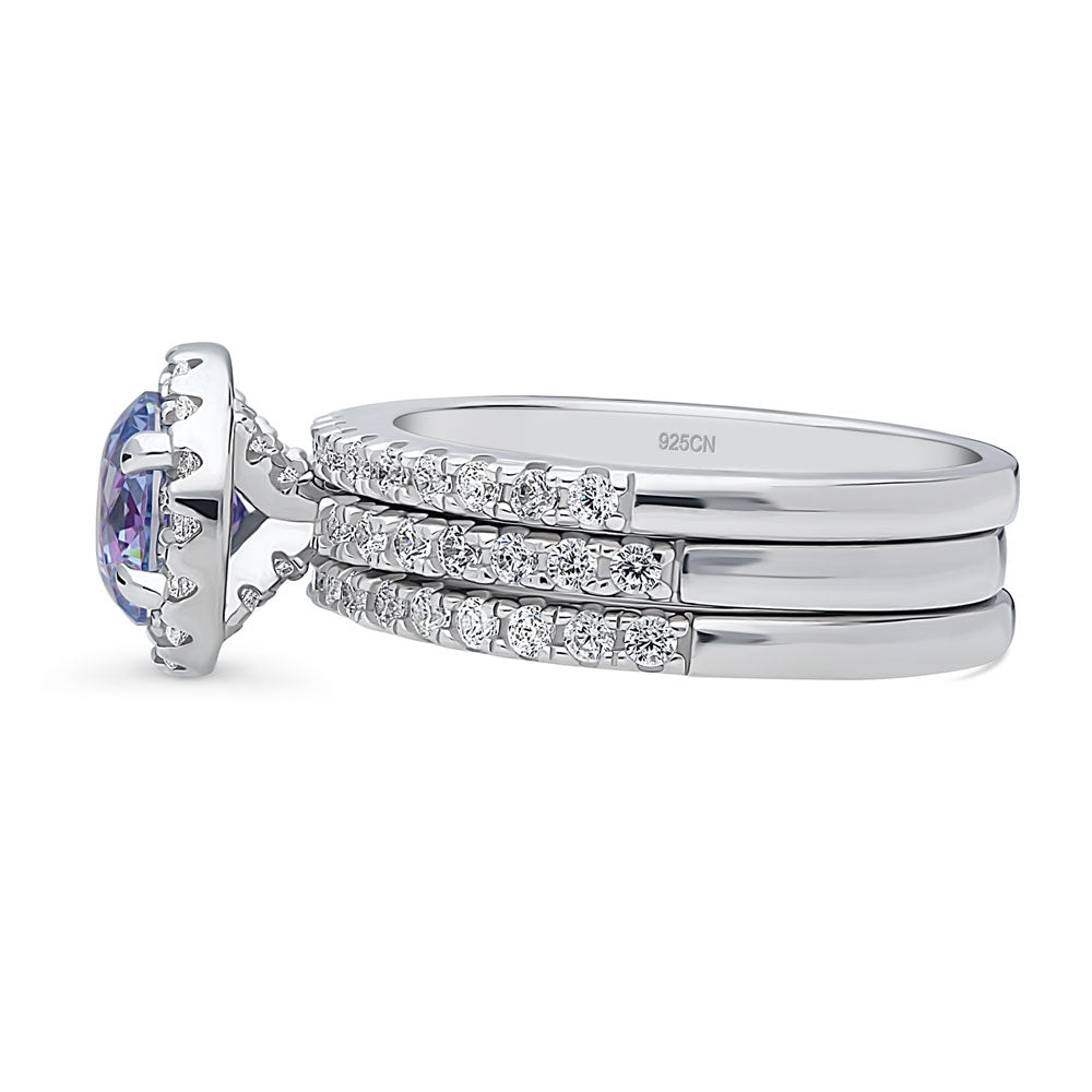 Angle view of Halo Kaleidoscope Purple Aqua CZ Ring Set in Sterling Silver, 5 of 10