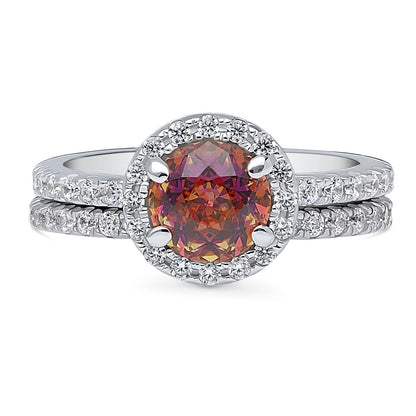 Halo Kaleidoscope Red Orange CZ Ring Set in Sterling Silver