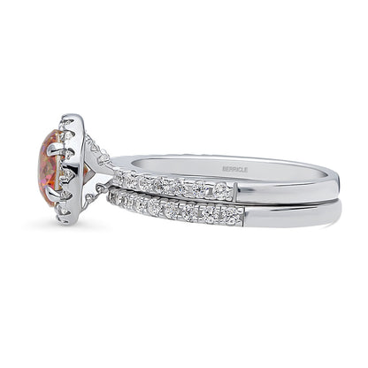 Halo Kaleidoscope Red Orange CZ Ring Set in Sterling Silver