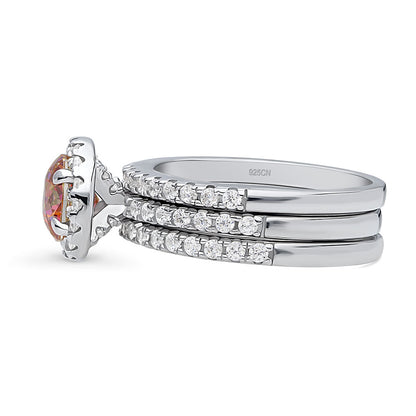 Halo Kaleidoscope Red Orange CZ Ring Set in Sterling Silver