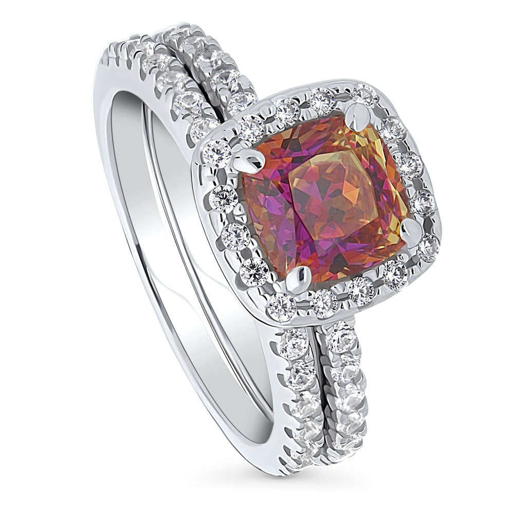 Front view of Halo Kaleidoscope Red Orange CZ Ring Set in Sterling Silver, 4 of 10