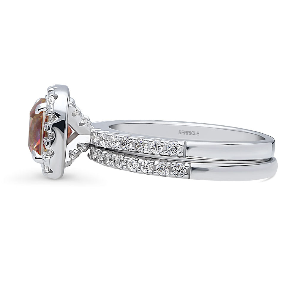 Halo Kaleidoscope Red Orange CZ Ring Set in Sterling Silver