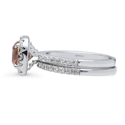 Halo Kaleidoscope Red Orange CZ Ring Set in Sterling Silver