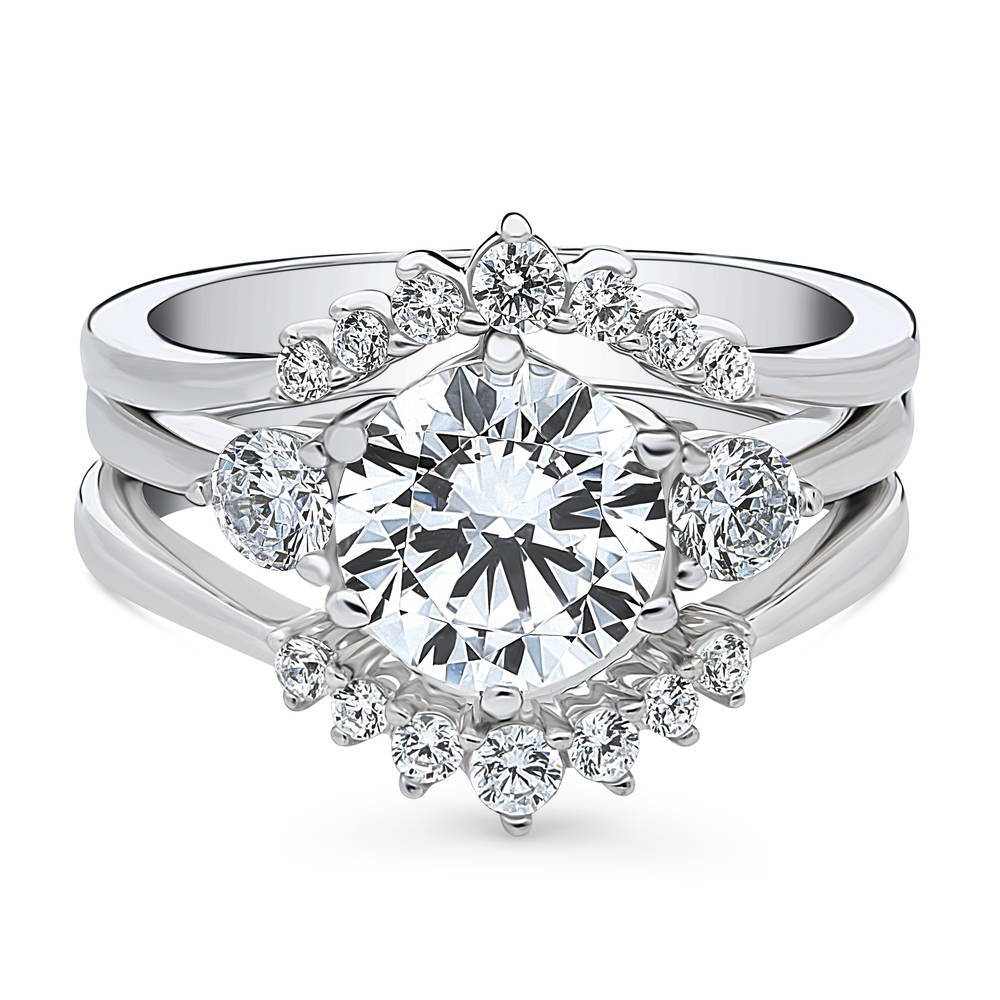 3-Stone Wishbone 7-Stone 2ct CZ Ring Set in Sterling Silver