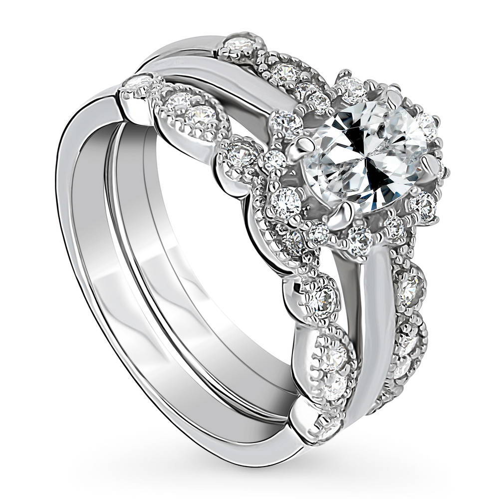 Halo Art Deco Oval CZ Ring Set in Sterling Silver