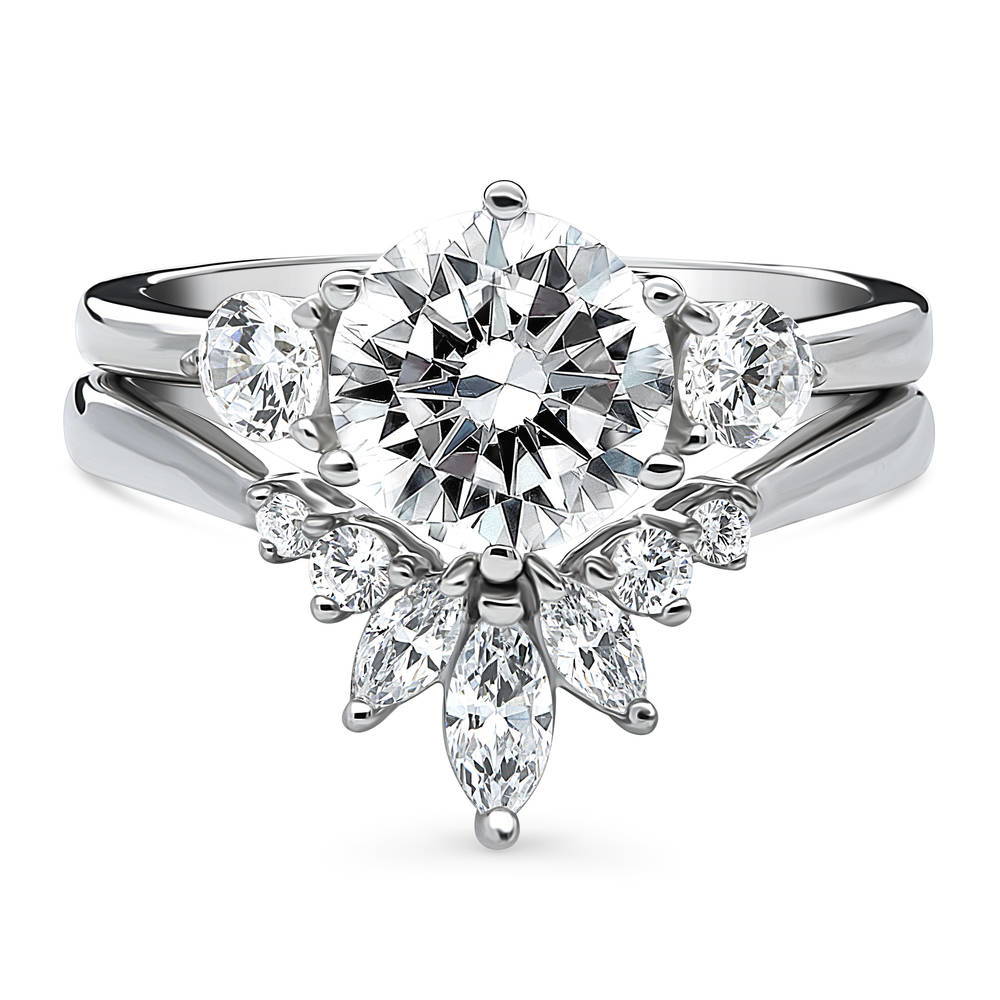 3-Stone Flower 7-Stone Wishbone CZ Ring Set in Sterling Silver, 1 of 19
