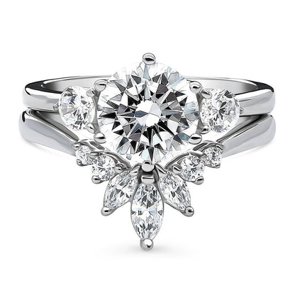 3-Stone Flower 7-Stone Wishbone CZ Ring Set in Sterling Silver