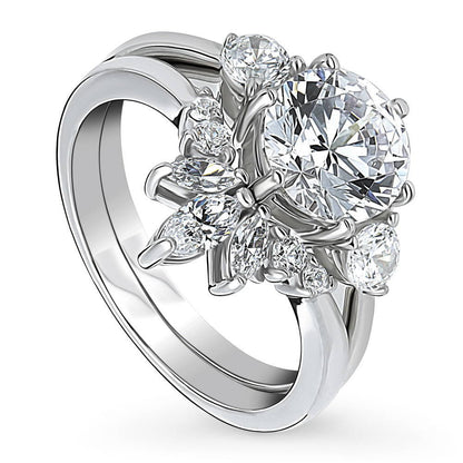 3-Stone Flower 7-Stone Wishbone CZ Ring Set in Sterling Silver