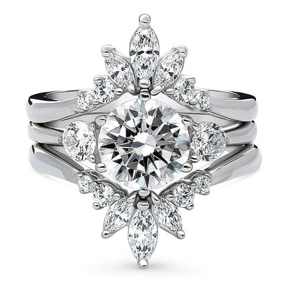 3-Stone Flower 7-Stone Wishbone CZ Ring Set in Sterling Silver