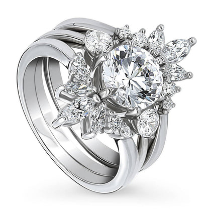3-Stone Flower 7-Stone Wishbone CZ Ring Set in Sterling Silver