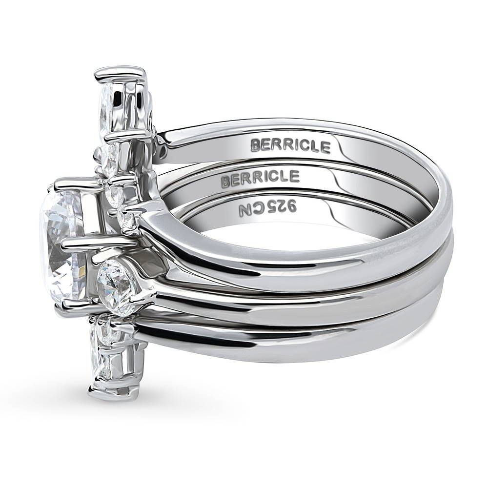 Angle view of 3-Stone Flower 7-Stone Wishbone CZ Ring Set in Sterling Silver, 5 of 19