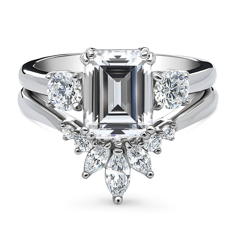 3-Stone Flower 7-Stone Wishbone CZ Ring Set in Sterling Silver