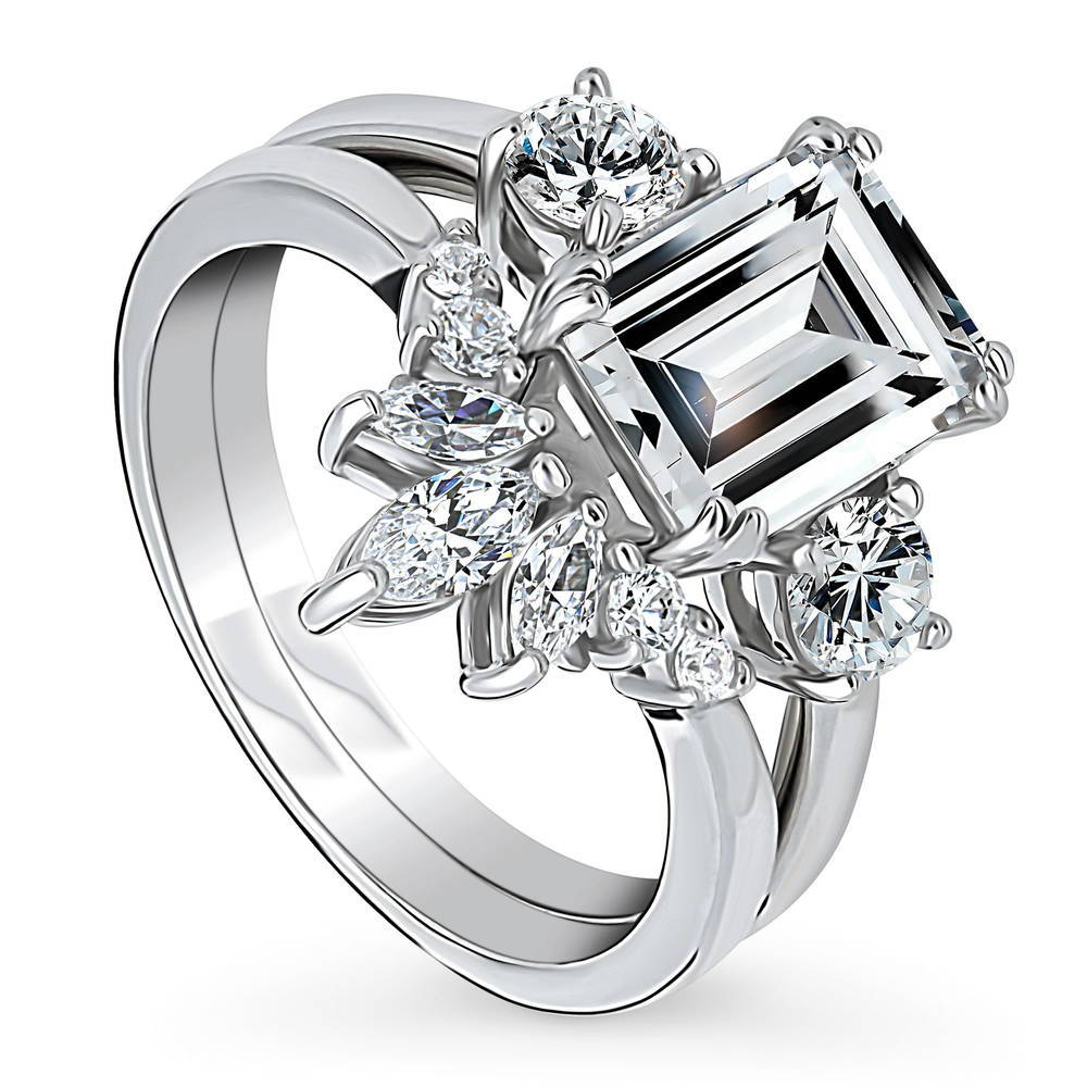3-Stone Flower 7-Stone Wishbone CZ Ring Set in Sterling Silver