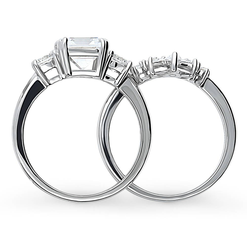 3-Stone Flower 7-Stone Wishbone CZ Ring Set in Sterling Silver