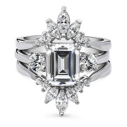 3-Stone Flower 7-Stone Wishbone CZ Ring Set in Sterling Silver