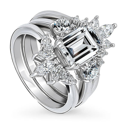 3-Stone Flower 7-Stone Wishbone CZ Ring Set in Sterling Silver