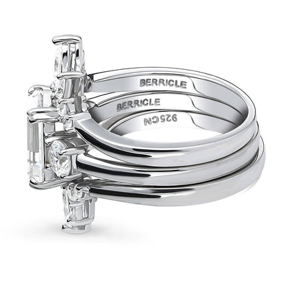 3-Stone Flower 7-Stone Wishbone CZ Ring Set in Sterling Silver