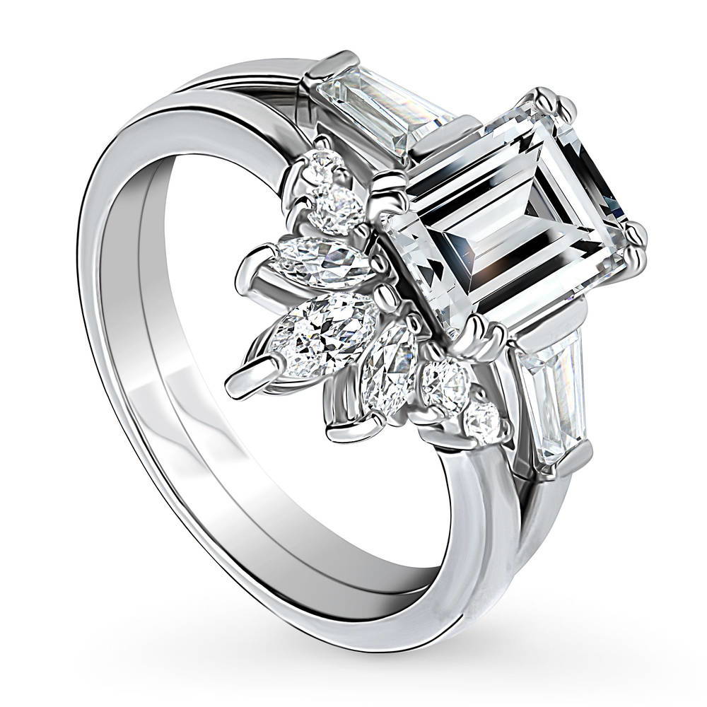 Front view of 3-Stone Flower 7-Stone Wishbone CZ Ring Set in Sterling Silver, 4 of 19