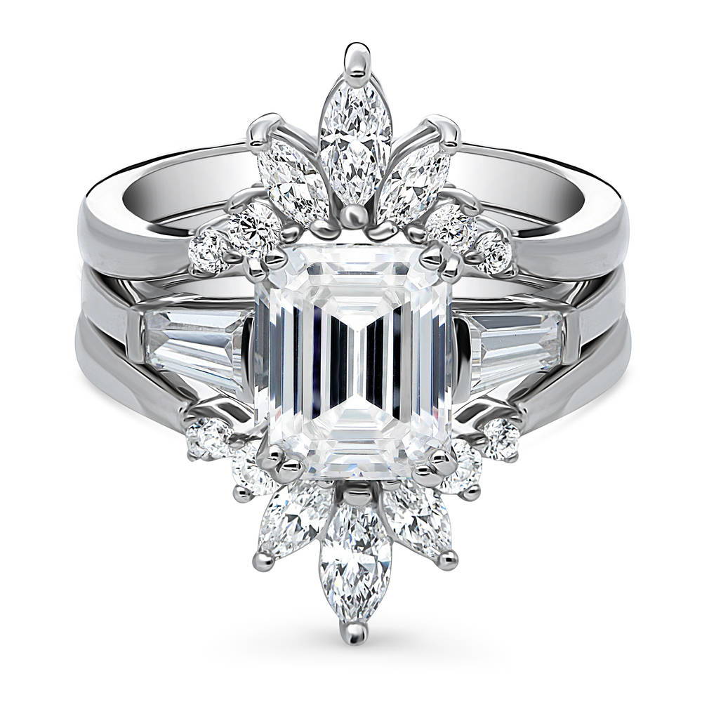3-Stone Flower 7-Stone Wishbone CZ Ring Set in Sterling Silver