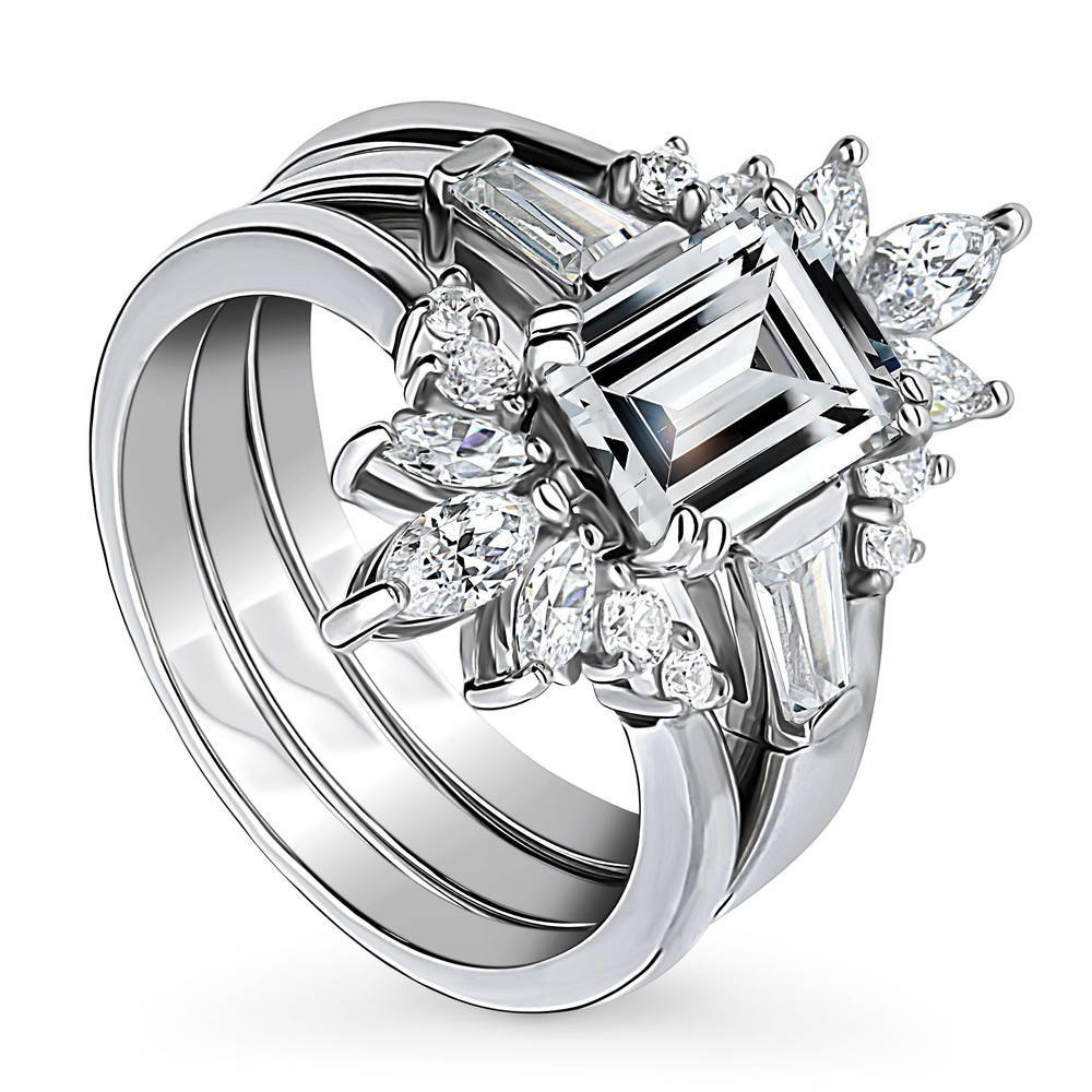 Front view of 3-Stone Flower 7-Stone Wishbone CZ Ring Set in Sterling Silver, 4 of 19
