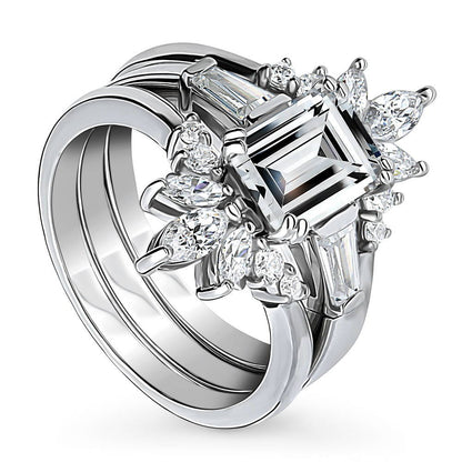 3-Stone Flower 7-Stone Wishbone CZ Ring Set in Sterling Silver