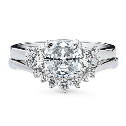 3-Stone Wishbone 7-Stone Cushion CZ Ring Set in Sterling Silver