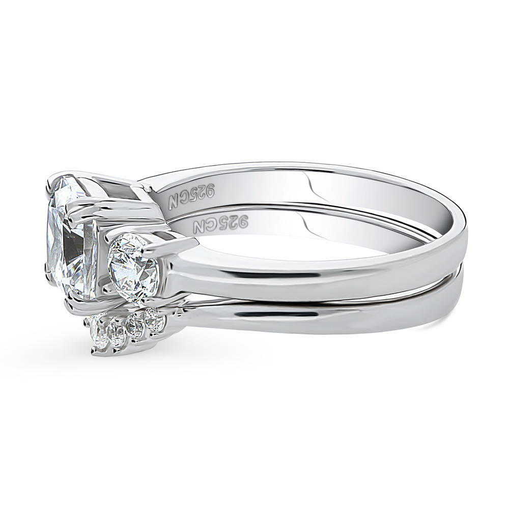 Angle view of 3-Stone Wishbone 7-Stone Cushion CZ Ring Set in Sterling Silver, 5 of 19