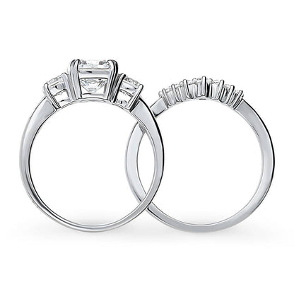 3-Stone Wishbone 7-Stone Cushion CZ Ring Set in Sterling Silver