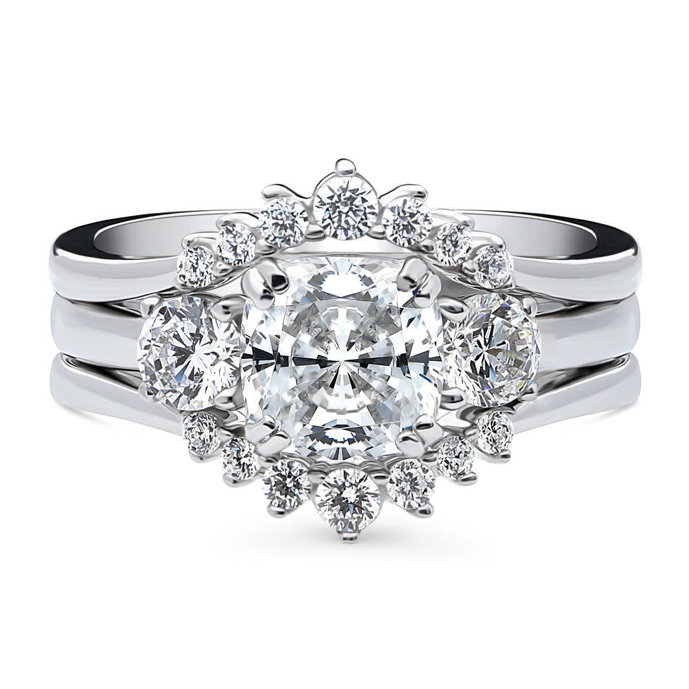 3-Stone Wishbone 7-Stone Cushion CZ Ring Set in Sterling Silver