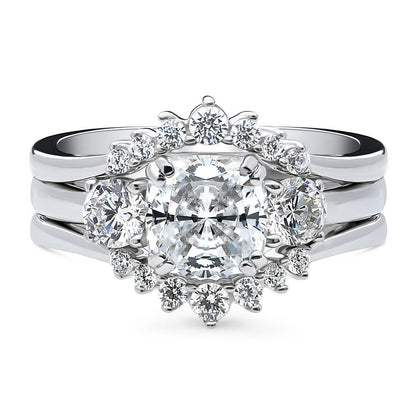 3-Stone Wishbone 7-Stone Cushion CZ Ring Set in Sterling Silver