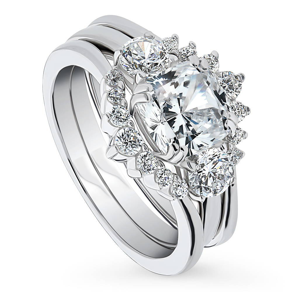 Front view of 3-Stone Wishbone 7-Stone Cushion CZ Ring Set in Sterling Silver, 4 of 19