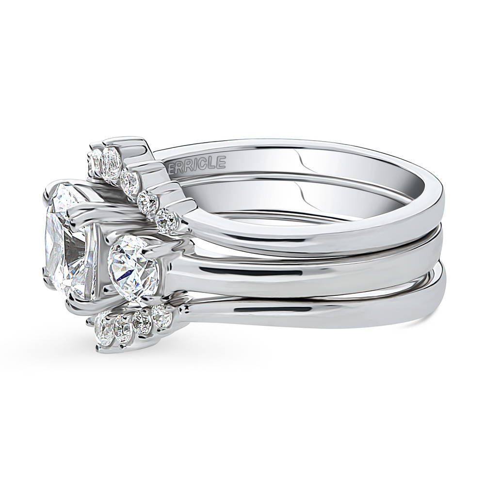 Angle view of 3-Stone Wishbone 7-Stone Cushion CZ Ring Set in Sterling Silver, 5 of 19