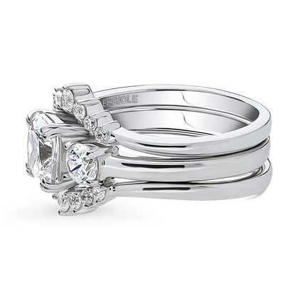 3-Stone Wishbone 7-Stone Cushion CZ Ring Set in Sterling Silver