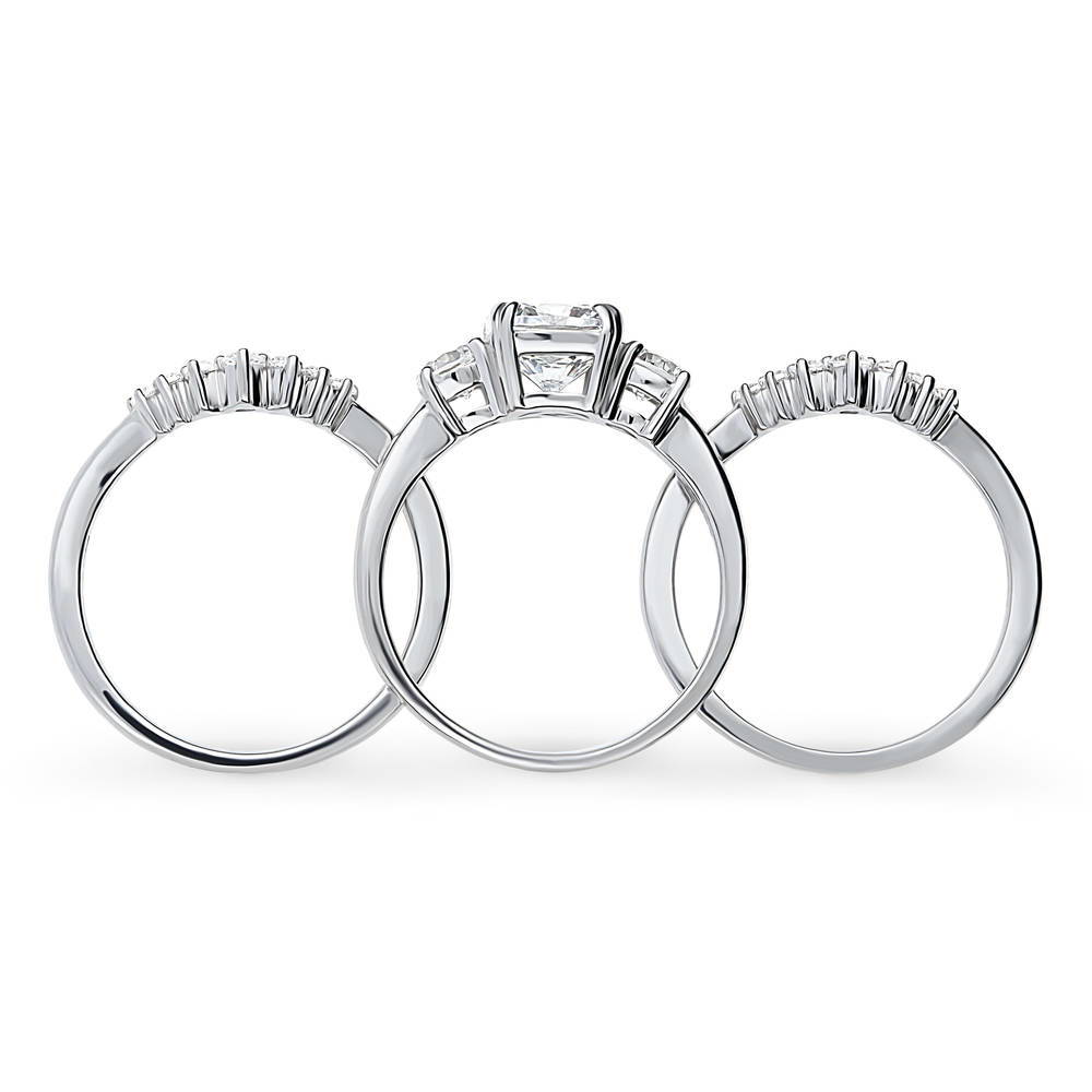 3-Stone Wishbone 7-Stone Cushion CZ Ring Set in Sterling Silver