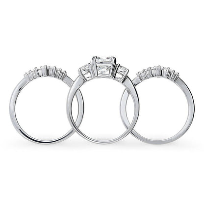 3-Stone Wishbone 7-Stone Cushion CZ Ring Set in Sterling Silver
