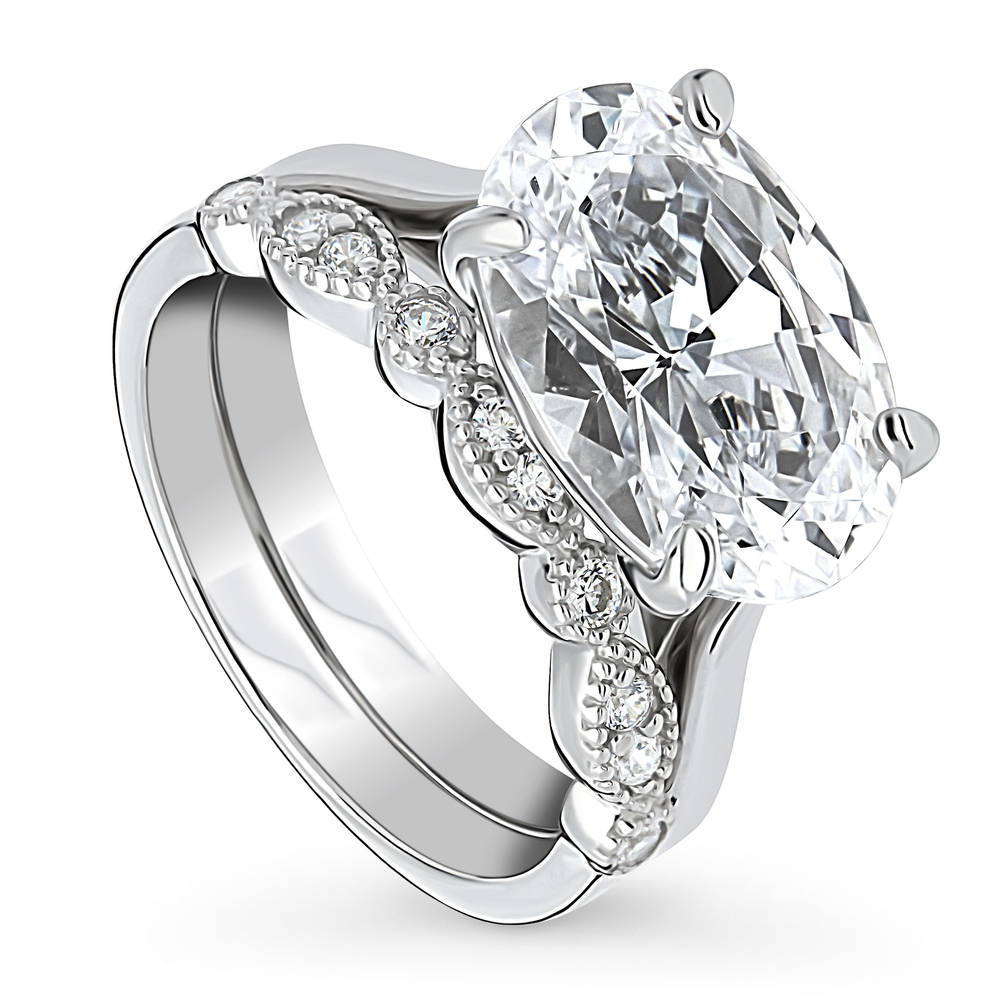 Front view of Solitaire Art Deco East-West Oval CZ Ring Set in Sterling Silver, 4 of 18