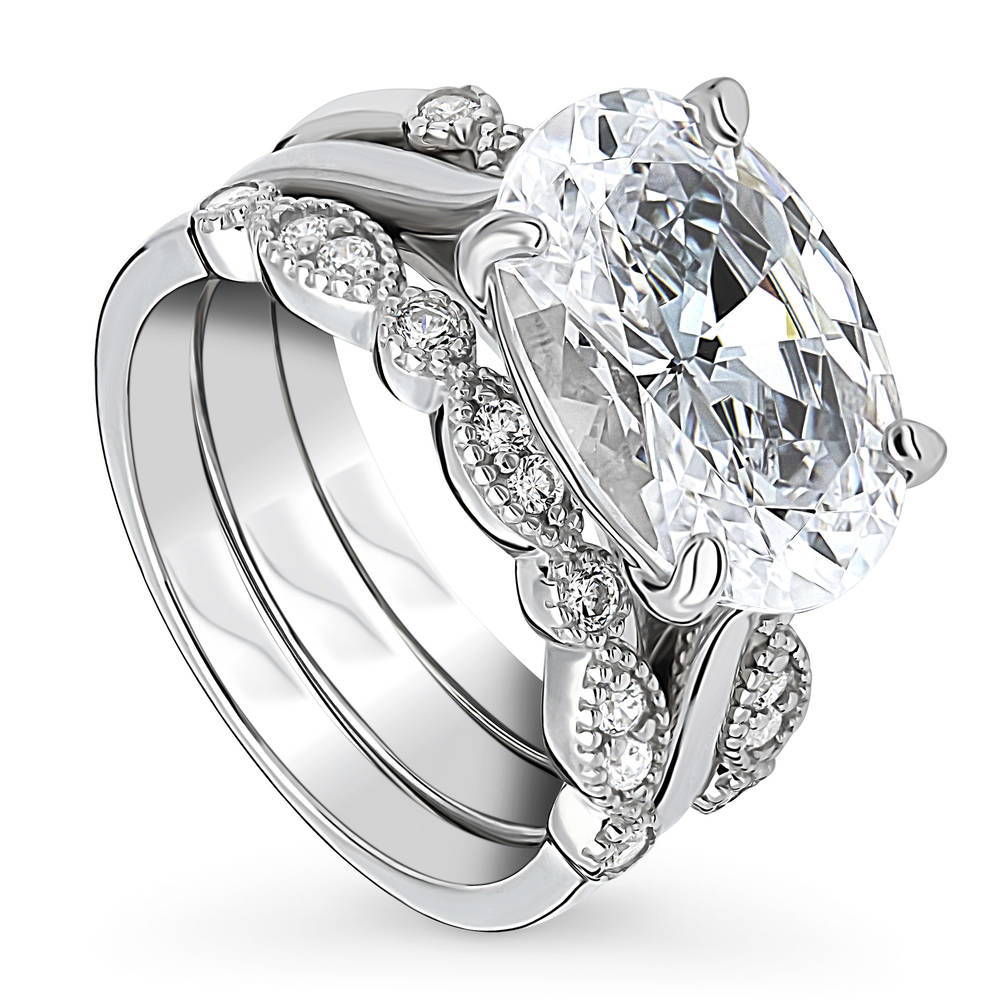Front view of Solitaire Art Deco East-West Oval CZ Ring Set in Sterling Silver, 4 of 19