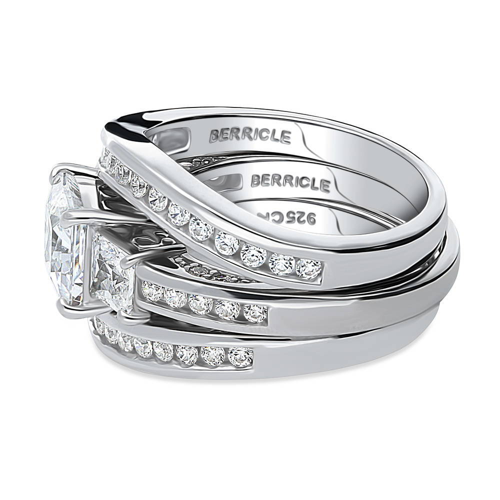 Angle view of 3-Stone 1.6ct Princess CZ Ring Set in Sterling Silver, 5 of 19