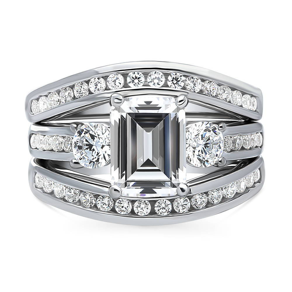 3-Stone Emerald Cut CZ Ring Set in Sterling Silver