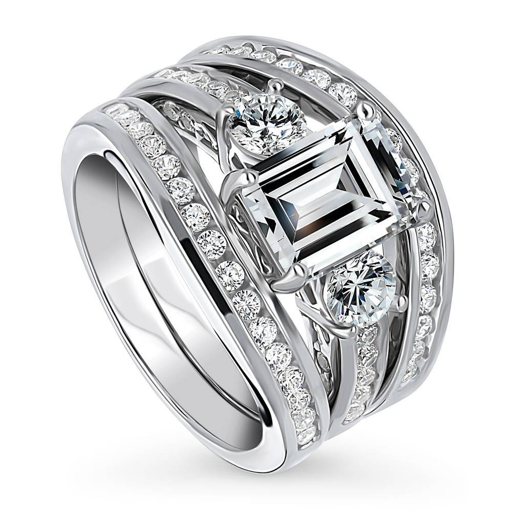 3-Stone Emerald Cut CZ Ring Set in Sterling Silver
