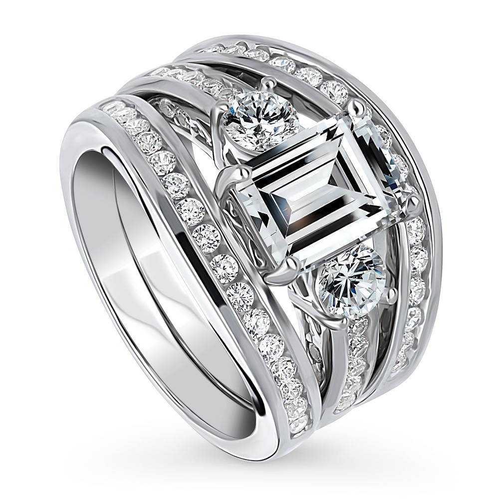 Front view of 3-Stone 2.1ct Emerald Cut CZ Ring Set in Sterling Silver, 4 of 18