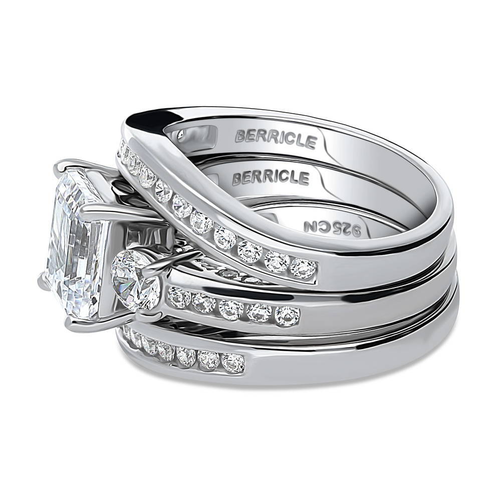 Angle view of 3-Stone 2.1ct Emerald Cut CZ Ring Set in Sterling Silver, 5 of 18