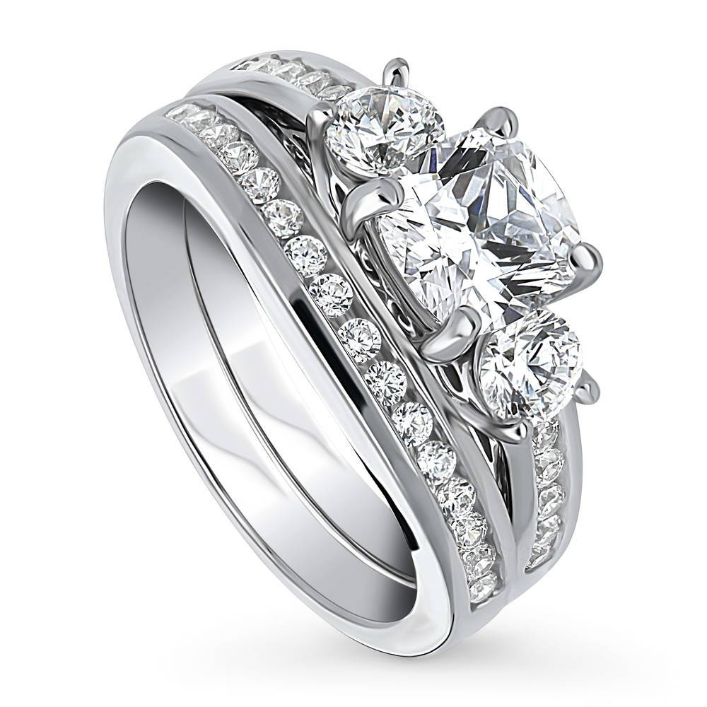 Front view of 3-Stone 1.5ct Cushion CZ Ring Set in Sterling Silver, 4 of 17