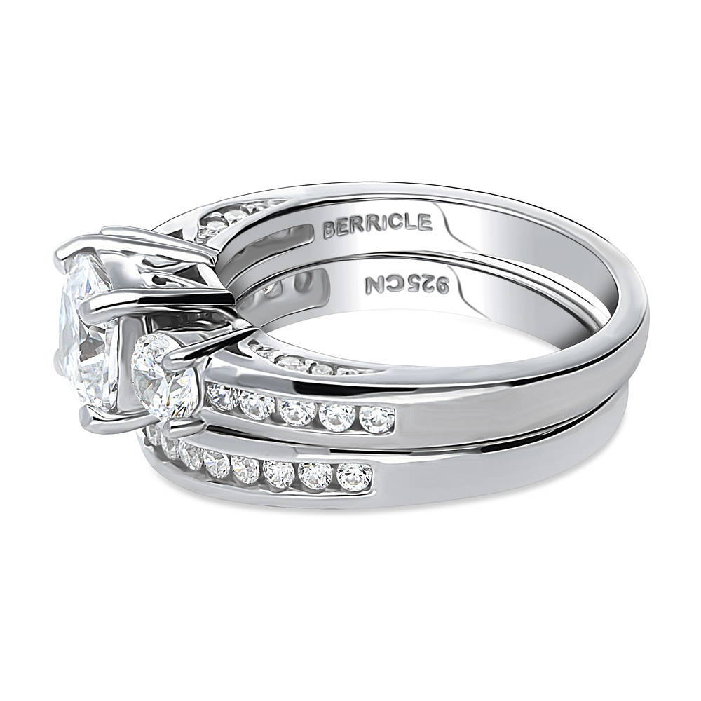 Angle view of 3-Stone 1.5ct Cushion CZ Ring Set in Sterling Silver, 5 of 17